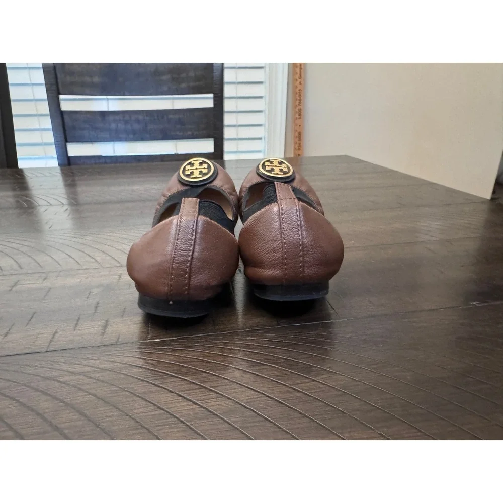 Tory Burch Caroline 2 Leather Ballet Flats Java Brown Black Size 6 Gold Logo